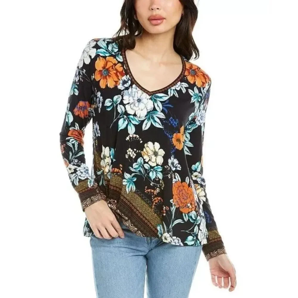 JOHNNY WAS Golden Spring Favorite Long Slv V-neck Swing Tee Bamboo Top - Picture 2 of 11